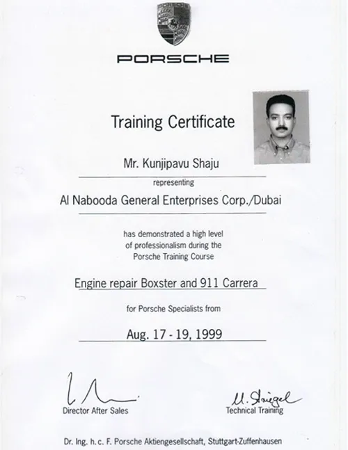 Porsche Training Certificate 